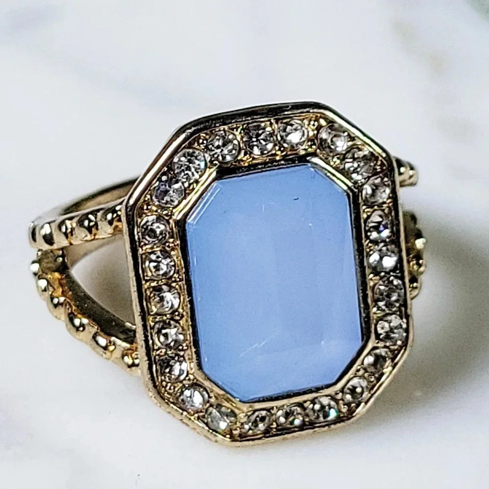 Statement Cocktail Ring Sz 11.25 Large Pale Blue Emerald Cut Rhinestone …